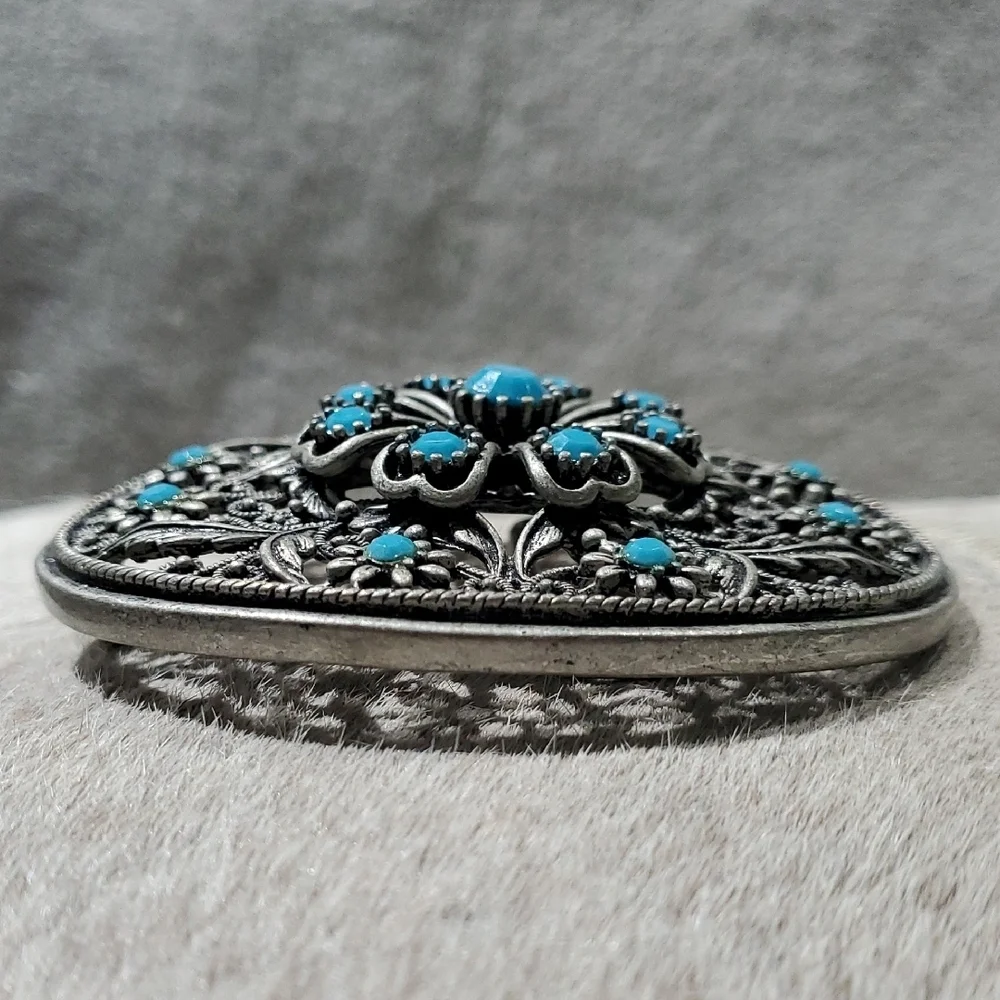 Western Silver and Turquoise Ornate Belt Buckle Rodeo Cowgirl Country Thunder